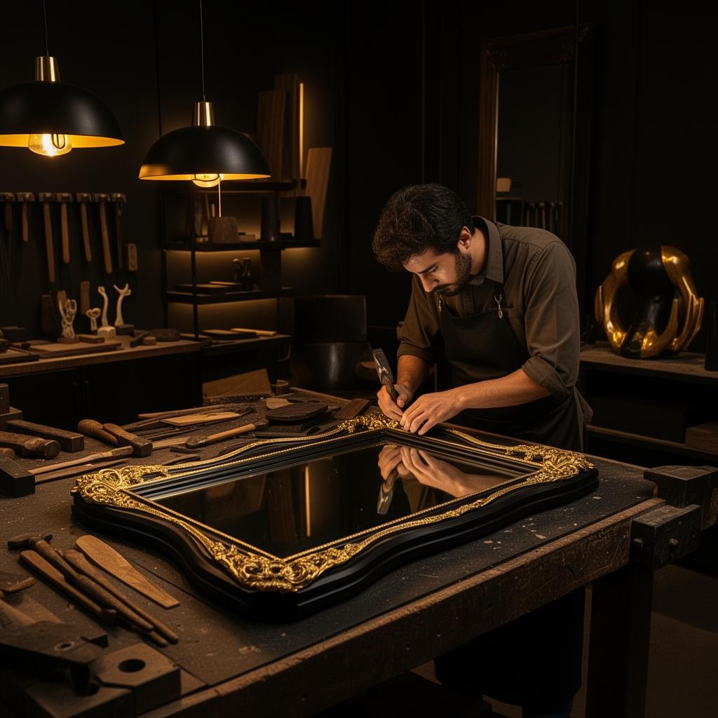Ateliê com artesão criando moldura premium de espelho